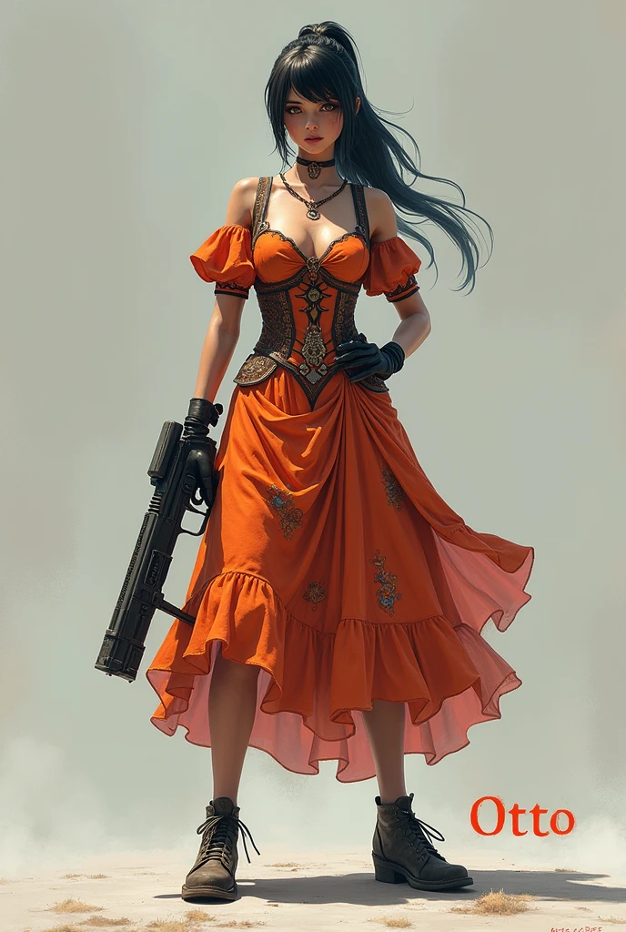 A person in which there is a character from Free Fire and is wearing a dress and is holding a gun in his hand and the name is written below it. Octo