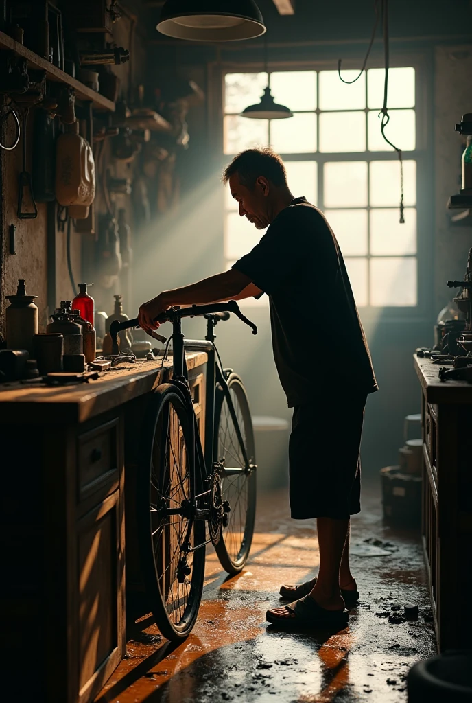 (Photorealism 1.2) high detailed definition cinematic cinematography old Chinese man wearing black t-shirt short trousers repairing bicycle at old rusty wood workshop hand oily floor wet and oil bicycle part and repairing tools morning mode sunlight silhouette