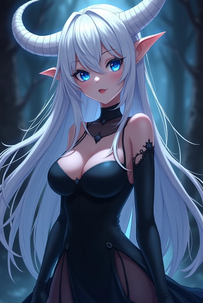 anime girl with white hair and blue eyes in a black dress, demon anime girl, mika kurai demon, anime monster girl, one blue ) and huge bat ears, anime moe artstyle, demon girl, azur lane style, monstergirl, beautiful succubus, white horns queen demon, ahegao, succubus, waifu, negao, tsuaii, nude