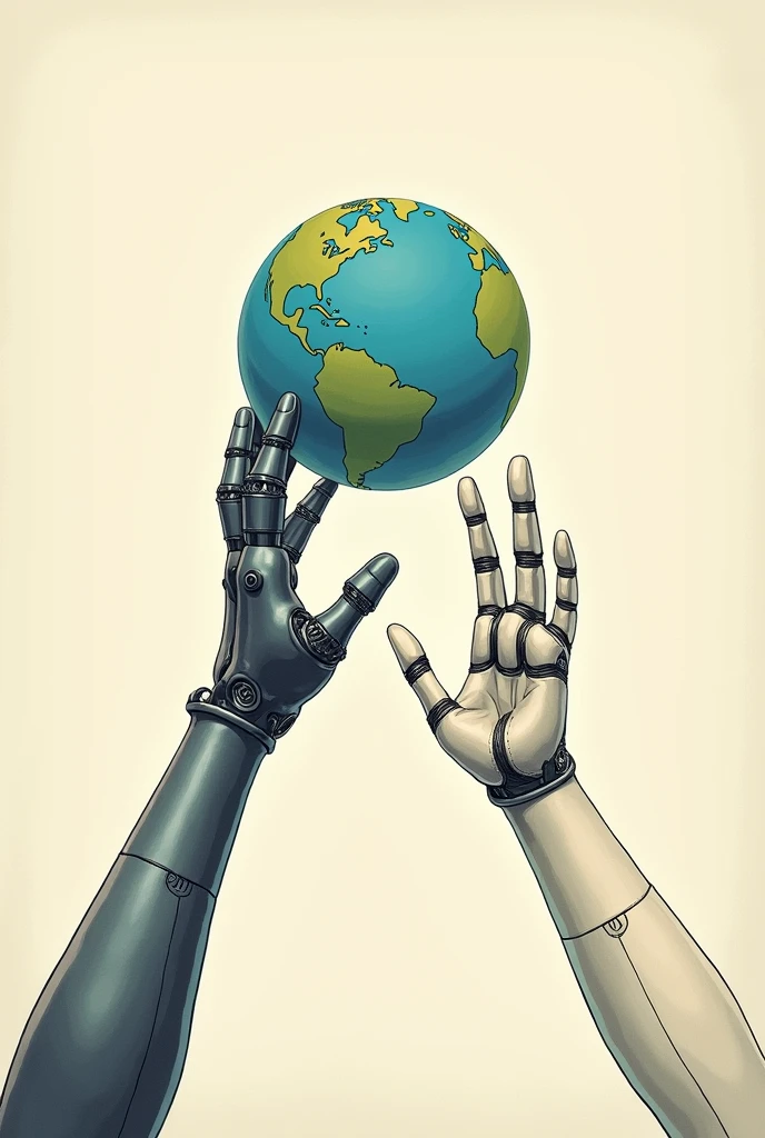 You can create a robotic hand and a human hand wanting to reach the planet Earth as if it were a drawing and do it on a sheet of paper