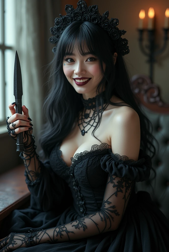 a beautiful female vampire, 2, curvy and lean, heavy bottom, pale smooth skin, with long silky black hair, icy grey eyes and long lashes, luscious, long black nails, delicate frame, innocent look, juicy lips, dressed as gothic lolita, sexy, posing with a ritual knife in her hand, grin with fangs, hyperrealistic,