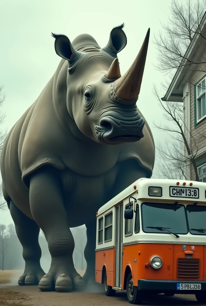 A larger than normal rhinoceros outside my house behind it a white and orange passenger truck the day is cloudy, Shooting a clear, cylindrical capsule with a needle-like tip through my window