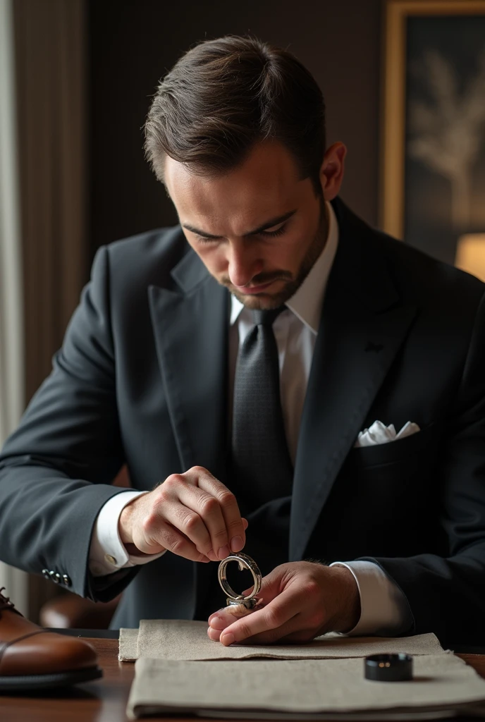Elegant man cleaning a steel ring