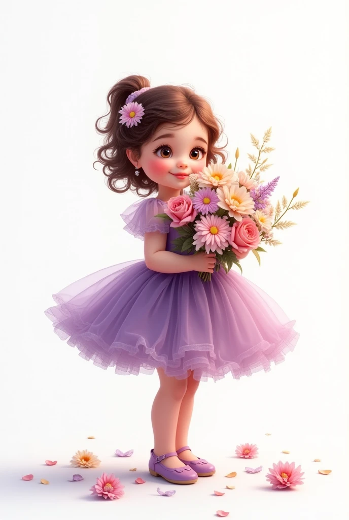 white background,cute  girl standing,wearing beautiful party frock,purple shade full frill frock,wearing beautiful shoes,she holding large bunch of flowers,some flowers are fell down,nice smiling Sophia face,hide half face of flowers
