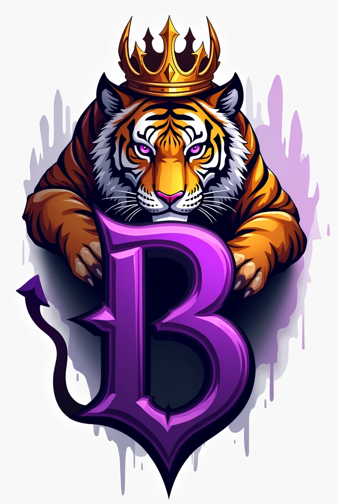 Create a logo with a purple-eyed tiger with a golden crown, and highlight the letter B in purple with horn and devil's tail, the letter B has to be eye-catching and the center of the logo