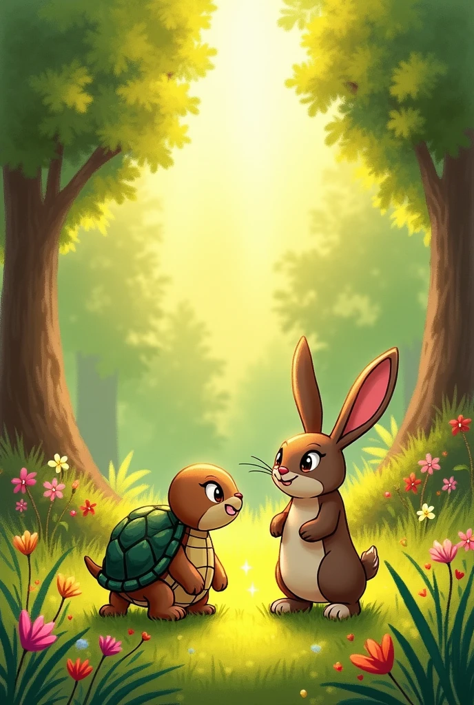 Beautiful forest with green grass and flowers blooming in the sunlight Drawing of a turtle and a rabbit standing together. Turtles are short and slow., with a shell on his back. Rabbit standing upright, with long ears, smug look.