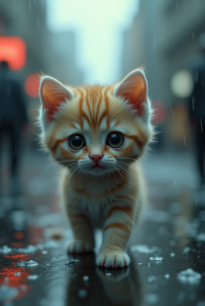 Cute close-up of a kitten lost in the city., Overcast (rain: 1.3), (Kinetics: 1.2), complicated details, ((A cat is walking along the roadside.)) ,Two-legged standing,Sad eyes., Tears flowing