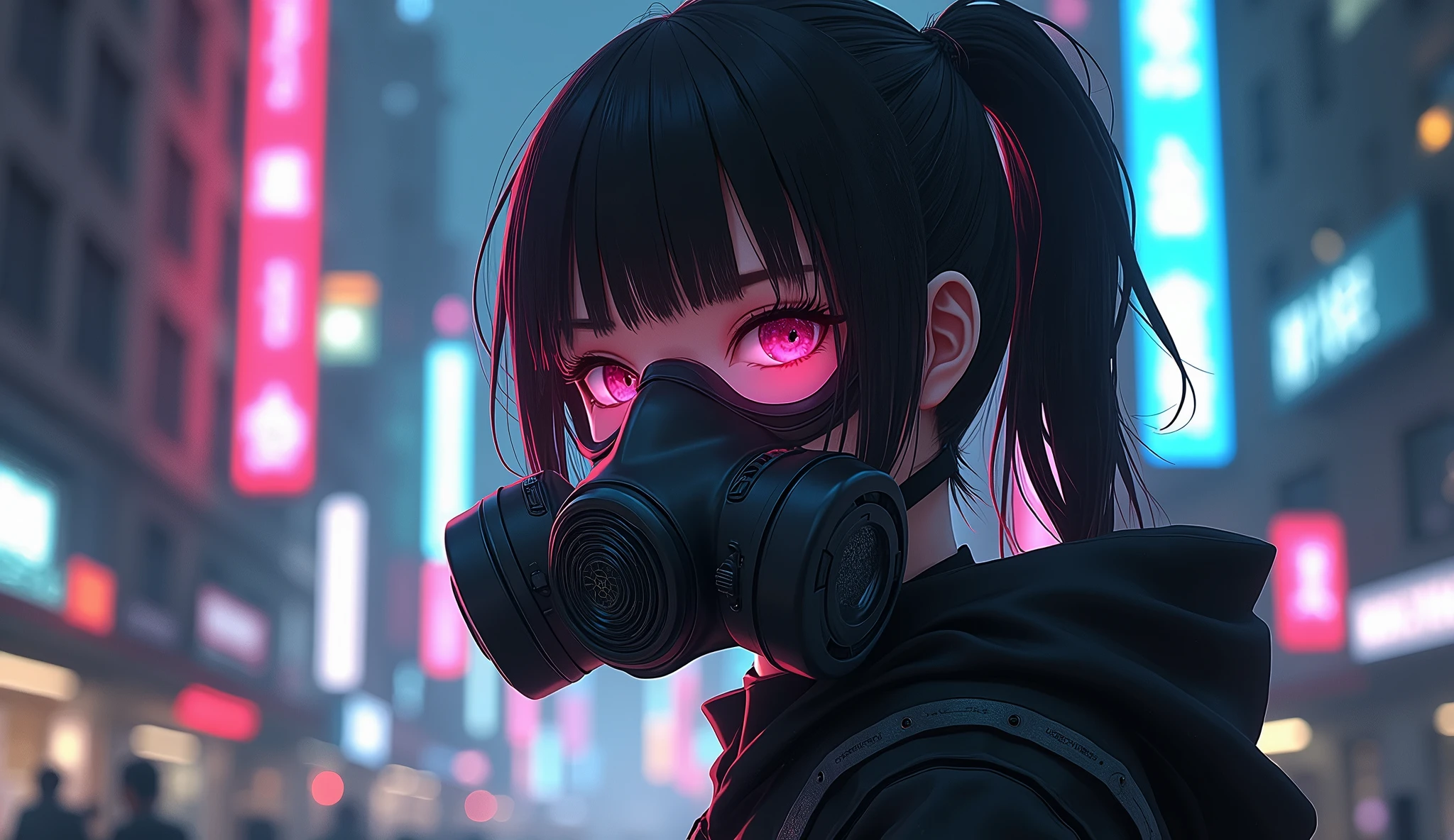 cyberpunk , anime girl Put on a gas mask