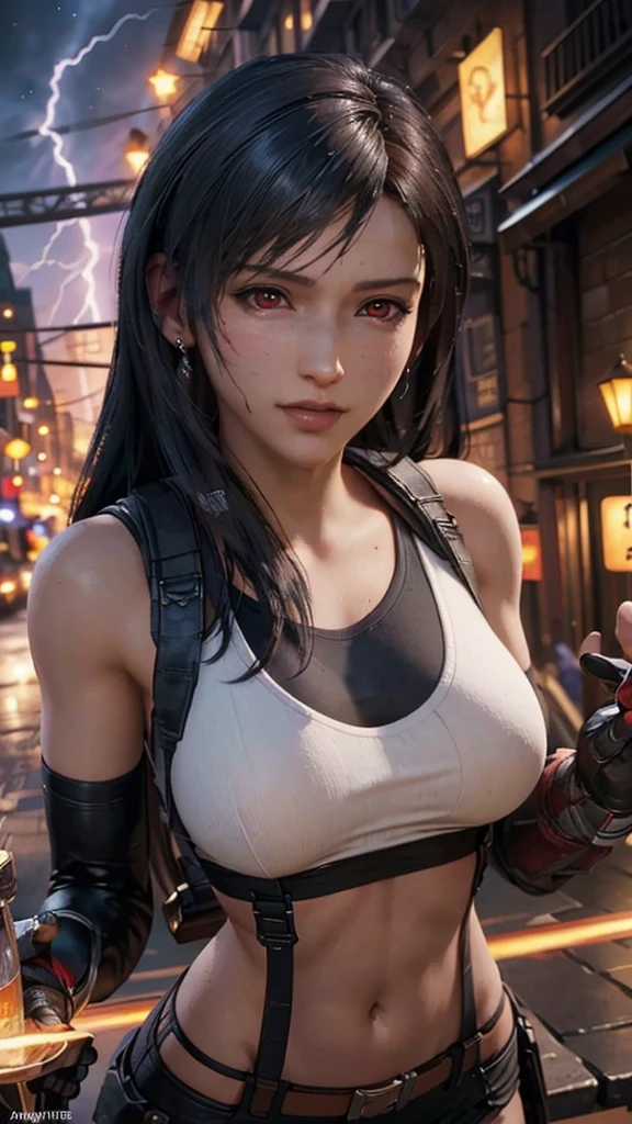 (final fantasy Tifa Lockhart, One girl, alone, big bouncing bust), complicated, elegant, Very detailed, Digital Painting, Art Station, Concept Art, Smooth, Sharp focus, figure, ArtJam、Greg Rutkowski、Alphonse Mucha、William Adolphe Bouguereau、Art by Stephanie Law , Magnificent royal background, large crown, Royal Jewels, robot, nature, Full Shot, Symmetric, Greg Rutkowski, Charlie Bowwater, Beep, Unreal 5, Surreal, Dynamic Lighting, Fantasy art, Complicated colors, Colorful magic circle, flash, lightning, light, Shining Castle, street fight