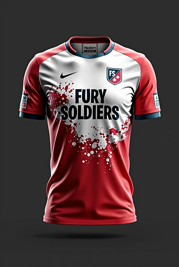 Creat a esports jersey for FS IN WHITE IN MAIN PART AND RED OVER WHITE IN SOME PLACE.write FURY SOILGERS IN MIDDLE.make Fs logo in right top.jersey look like nepal flag color.make it more red over white in dark red over white in front part expect in right top chest like spray .make it more stylish.write furry soilder in front