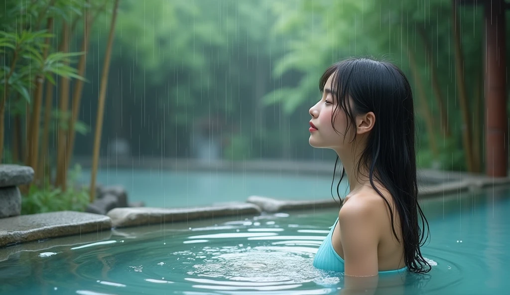 A Japanese woman enjoying the rain in a traditional outdoor hot spring, wearing a light blue bikini. The rain creates ripples in the water, and her wet hair falls over her shoulders as she smiles peacefully. The background is filled with bamboo trees and stone paths, adding a touch of traditional Japanese aesthetics.