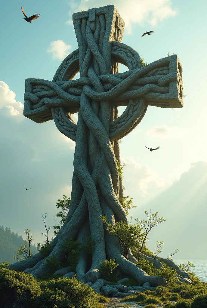 supper: An imposing Celtic cross, formed by intertwined and knotted tree roots. The roots should look old and weathered., with moss and small plants growing in its crevices. The cross stands out against a soft, ethereal background, with shades of blue and white representing the sky and clouds. Rays of soft sunlight illuminate the cross, creating a dramatic contrast with the background. styled: ultra-realistc, with minute details in the textures of the roots, moss and plants. cores vibrantes e realistas, capturing the natural beauty of the elements. Balanced composition, with the cross as the central focal point. soft and atmospheric lighting, creating a sense of serenity and hope. Additional Suggestions: Experiment with different camera angles to find the most impactful perspective. Add subtle elements, like birds flying around the cross or leaves gently falling. Use depth of field to highlight the cross and create a sense of three-dimensionality.