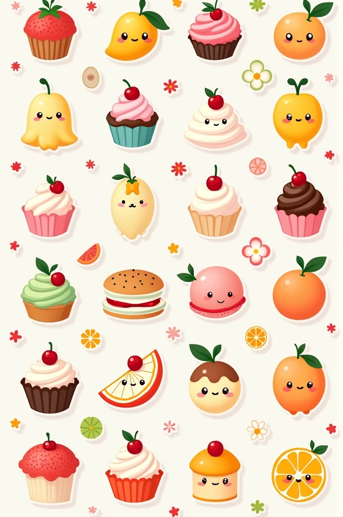 Show me a template with 30 food stickers, flores, Japanese-style animated fruits and desserts