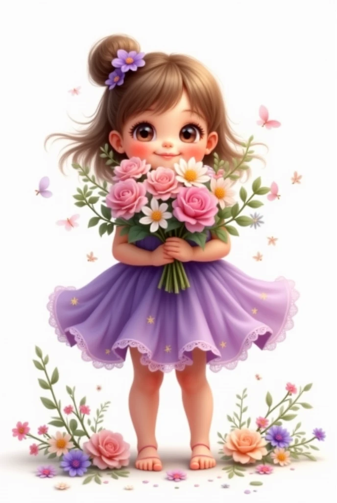 white background,cute baby girl standing,wearing beautiful party frock,purple shade full frill frock,wearing beautiful shoes,she holding large bunch of flowers,some flowers are fell down,nice smiling Sophia face,hide half face of flowers