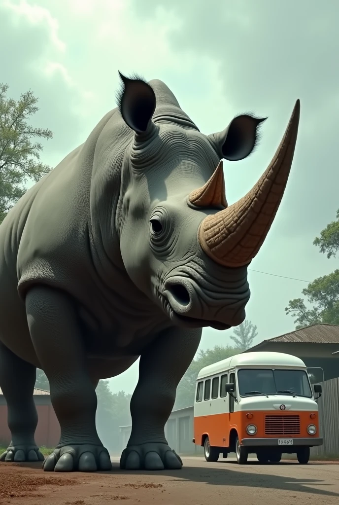 A larger than normal rhinoceros outside my house behind it a white and orange passenger truck the day is cloudy,  Shooting a transparent cylindrical capsule with a needle tip through my window. All this happens in Latin America. 