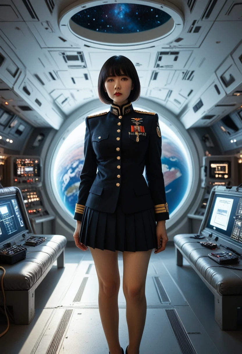 (highest resolution, distinct_image), best quality, masterpiece, highly detailed, semi realistic, a woman with short black hair, mature woman, triple bangs, black uniform, black pleated skirt, military uniform, spaceship space, control room, commander