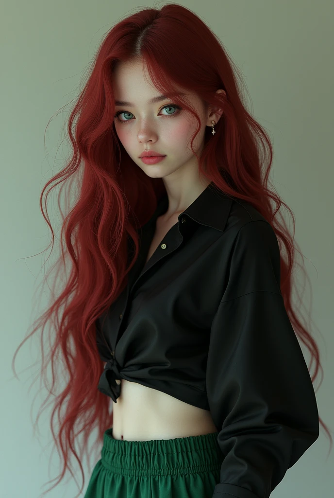 Girl with long wine red hair with electric gray eyes with flesh-colored skin with wide green pants and a short black wide shirt
