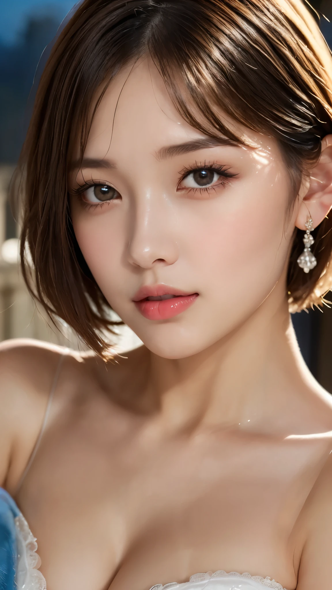 (Photorealistic, 32k, RAW photo, best quality:1.4), (masterpiece:1.3), (ultra high resolution, ultra realistic, highly detailed, golden ratio, ultra detailed), 1 beautiful woman, natural makeup, intricate cloth texture, finely detailed hair texture, beautiful full-body, perfect female form, anatomically accurate, highly detailed face and skin, (elegant hands), (realistic skin), (beautiful pale skin:1.1), (extreme close-up:2.0), (Oversized Breasts), (Wearing white Ball Gown:1.5), (Tiara, Earrings, Pendant),
BREAK,
realistic eyes, captivating detailed eyes, symmetric eyes, light brown eyes, double eyelids, thin eyebrows, (glossy lips:1.4), (kissable expression, blush:1.3),
BREAK,
((short bob cut, dark brown hair, bangs:1.2)), (Late Night, Moonlit night, Castle balcony:1.3)