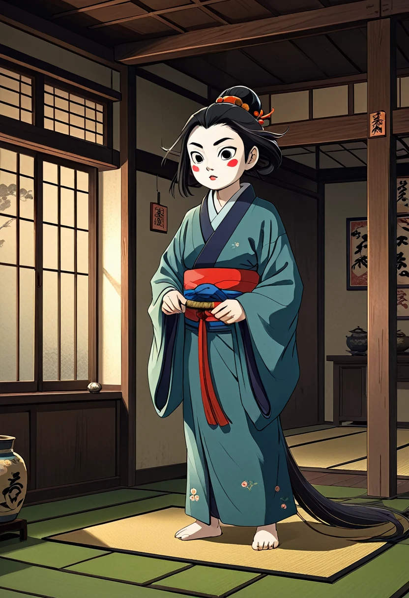 a retro japanese yokai, edo period, scary, dark, japanese room, ominous, (best quality,4k,8k,highres,masterpiece:1.2),ultra-detailed,(realistic,photorealistic,photo-realistic:1.37), intricate details, highly detailed, dark and moody lighting, dramatic shadows, gritty textures, muted color palette, traditional japanese architecture, shoji screens, tatami mats, ornate woodcarvings, haunting expression, malevolent presence, supernatural elements, eerie atmosphere