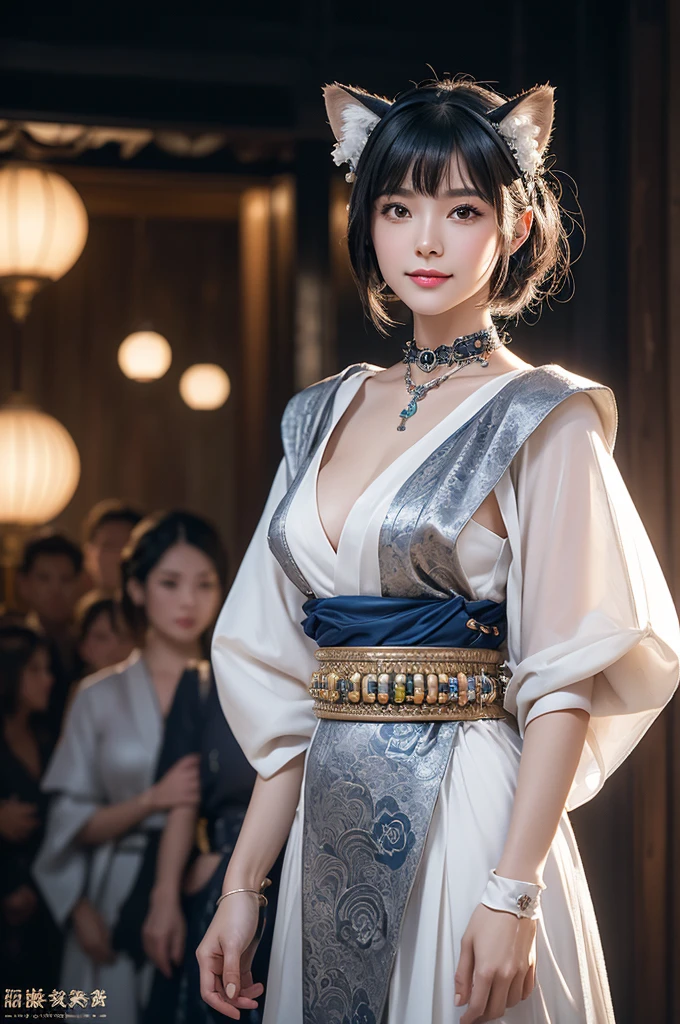 Woman portrait、Highest quality、8k, clear, Fine skin、Clear, beautiful eyes、The beauty of a smile、Bright beautiful face、whole body、Curly Hair、My hair was messed up by the wind、(Big Breasts、Muscular、tall),(Hip_superior, Hip superior), Beauty,( Watching the audience),Realistic, High resolution, Soft Light,1 female, One person,(Black hair),short hair,bangs,Fine Skin, Naughty look,((Open-neck steampunk kimono,Damask rose,Mature Woman,white dress shirt)),steampunk style、Costumes decorated with lots of gear and watches,(Silver and blue stripes,Sailor-style armor with collar)、Beautiful Steampunk Guild Staff Costume Banker Uniform,(Silver and blue mech,Silver Steampunk Kimono, High-tech Mecha,Beads,elbow gloves、Gemstone Helmet,Luxurious obi,Lavish decoration, High leg,fake animal ears)、((arms behind back)),(bokeh),(studio lighting)