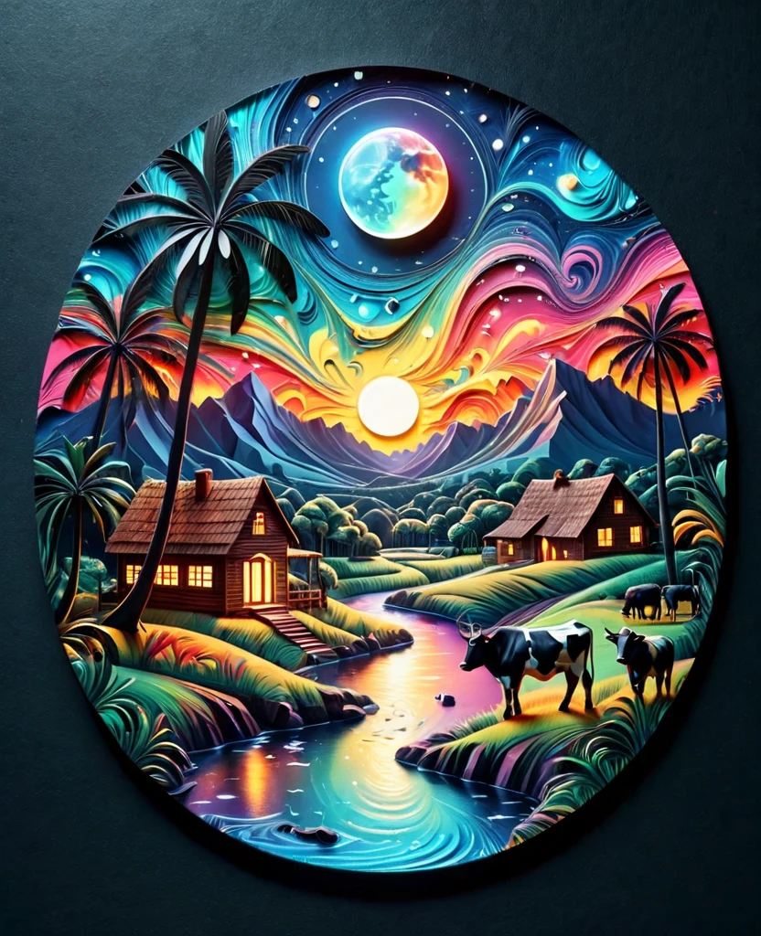 Paper cut art (((masterpiece))),best quality, illustration, African map, within African map we see a night sky, cloud, banana plantation, star \(symbol\), cows, no humans, night, birds, moon, building, star \(sky\), night sky, scenery, starry sky, grass, house, trees, waterfall, birds in the sky, African map, vibrant color scheme, Soft light,(warm color:1.2),Water color painting, light background, best quality exquisite details,3d rendering,Octane render, pastel, paper_cut, sticker , 