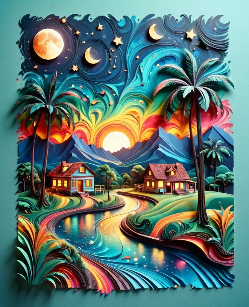 Paper cut art (((masterpiece))),best quality, illustration, African map, within African map we see a night sky, cloud, banana plantation, star \(symbol\), cows, no humans, night, birds, moon, building, star \(sky\), night sky, scenery, starry sky, grass, house, trees, waterfall, birds in the sky, African map, vibrant color scheme, Soft light,(warm color:1.2),Water color painting, light background, best quality exquisite details,3d rendering,Octane render, pastel, paper_cut, sticker , 