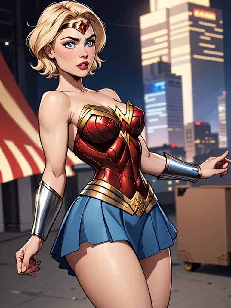 Blonde girl with short hair, blue eyes, wearing A piece of armor without a worker, armor like Wonder Woman's in blue, wearing a strappy skirt like a brown gladiator, wearing a tiara on her forehead 