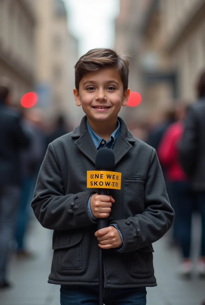 A boy is standing with a mic in his hand and News know written on it and baground public blur