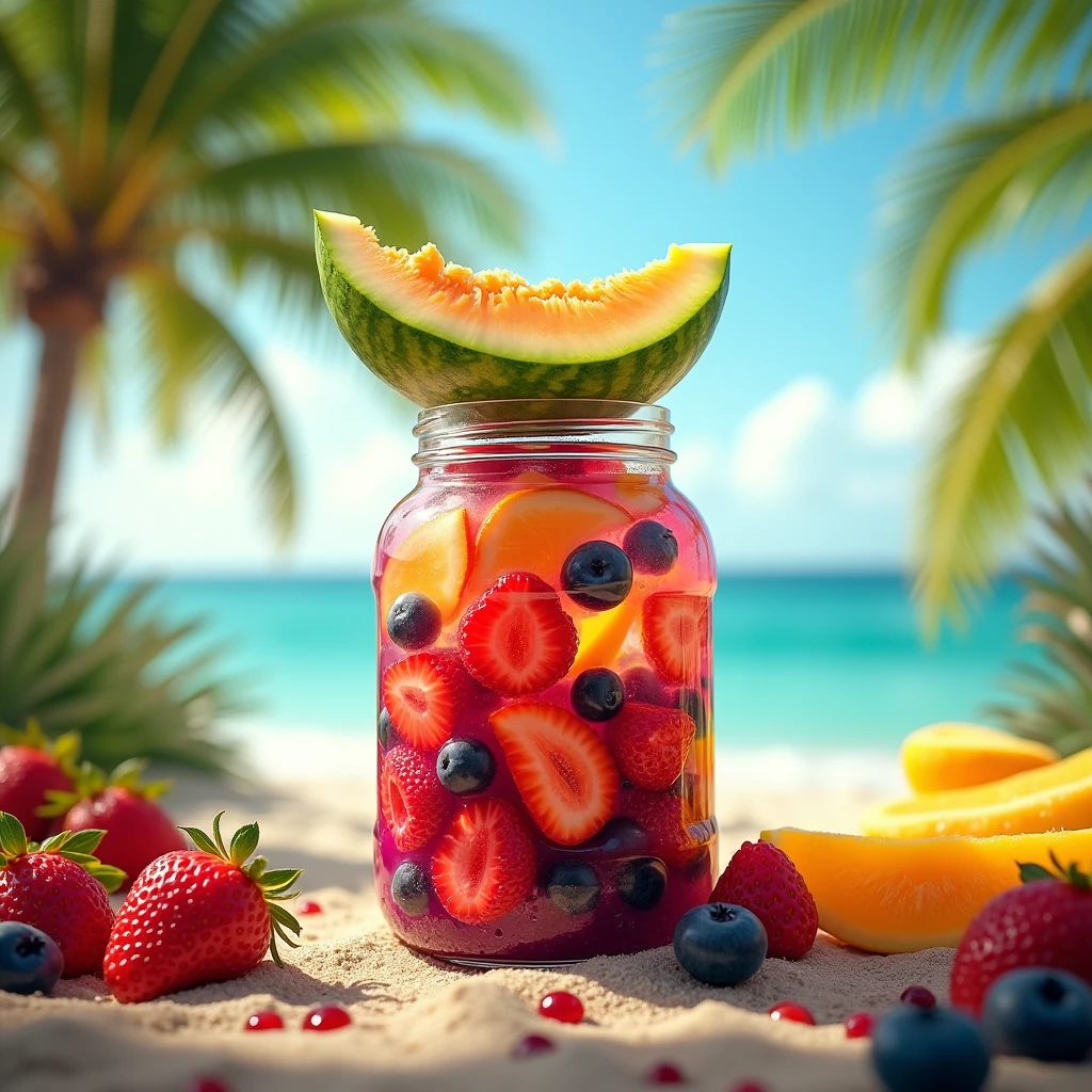 Best image quality、Highest quality、up、masterpiece、Tropical Beach、Mr.々な色に輝くガラスのjamの容器、Acai bowl、Stent Glass、colorful、orange、(jam)、jamの液体の中にMr.々Fruits floating in the water、Gorgeous image、A surf-shaped melon pops out of the lid
