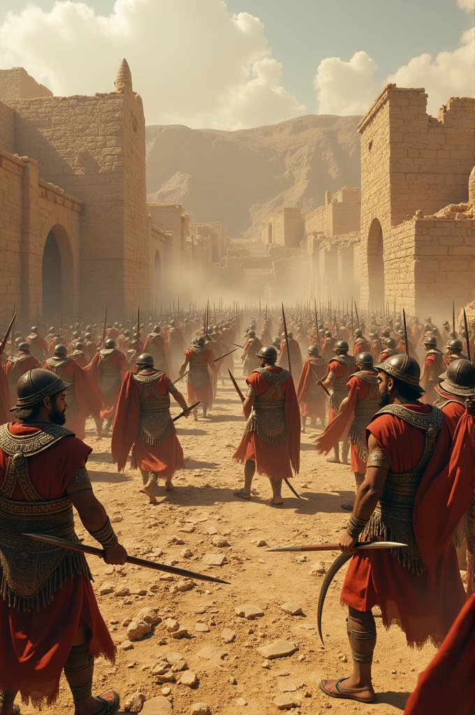 "Reconstruction of an ancient Sumerian city-state battlefield, with Lagash and Umma warriors clashing amidst the ruins of mud-brick structures."