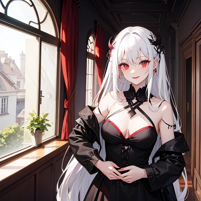 girl, madness, black dress, red eyes, red lips, white hair, long hair, night, mansion, hallway, window, red moon, smile, chest, darkness