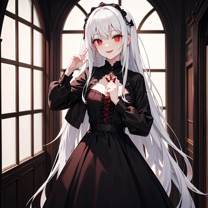 girl, madness, black dress, red eyes, red lips, white hair, long hair, night, mansion, hallway, window, red moon, smile, chest, darkness