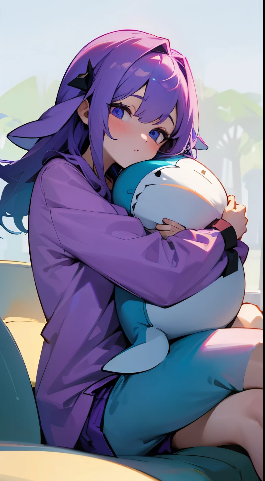 top quality, 8k, 4k, High Definition, detail, (Best Quality, 8k, 12), premium, 1 girl, Purple shorts, Sit down, hug a shark pillow, wearing shark pajamas,
