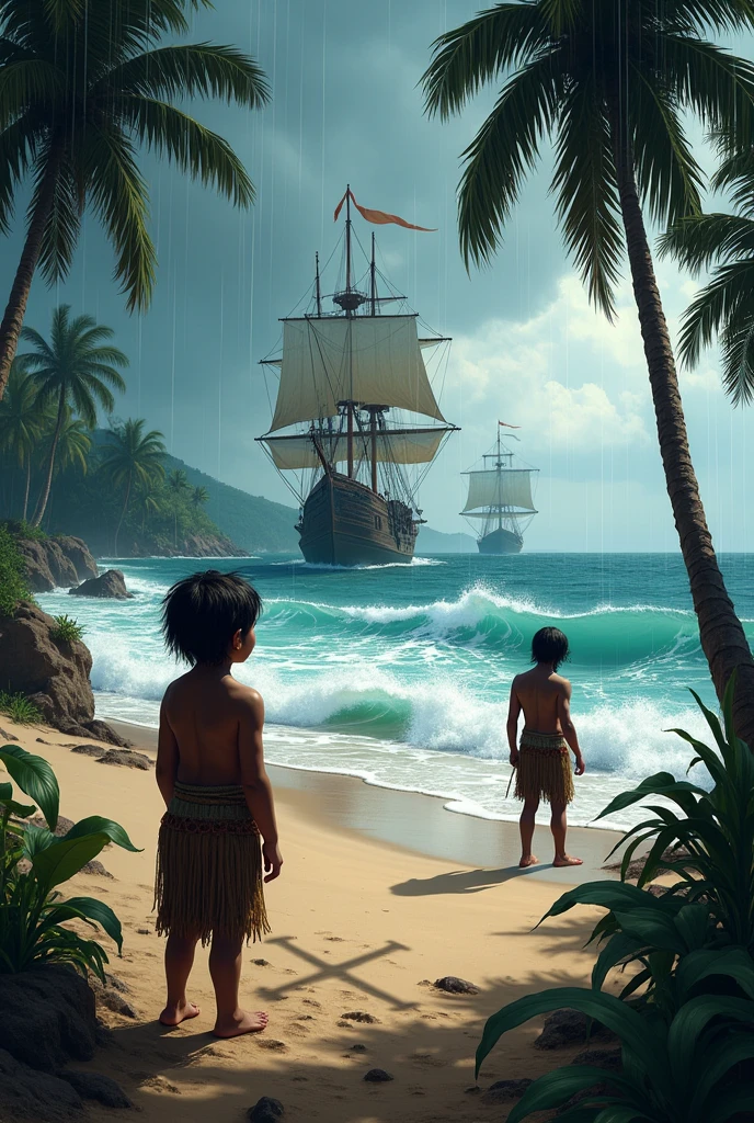 Recreate the scene of the painter, the girl and the Santa Maria arriving in America, do it as if an indigenous child in indigenous clothing were watching from the beach when the ships arrive., There is a lot of jungle around and it is raining, And there is a storm at sea along with big waves and in the distance you can see the ships where the Spaniards are disembarking., On the beach, make a shadow of a cross that represents the Catholic religion and in front of the child on the same beach, the silhouette of a standing Spaniard and a kneeling indigenous person., I feel enslaved.
