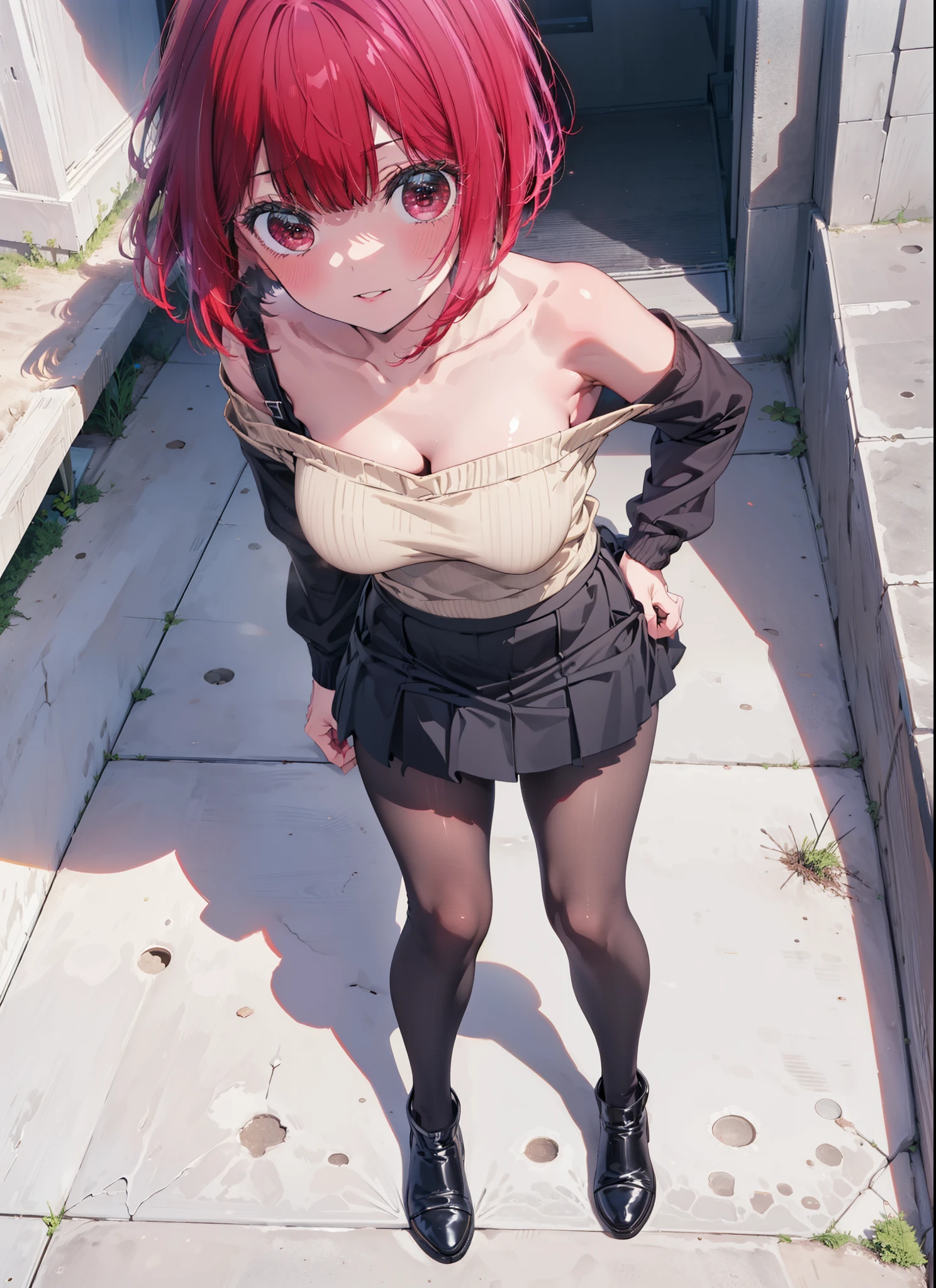 canary, Arima etc., short hair, bangs, (Red eyes:1.3), Redhead, Bobcut, smile,Open your mouth,One-shoulder sweater,mini skirt,Black pantyhose,short boots,Glasses,Walking,Daytime,Clear skies,whole bodyがイラストに入るように,
break outdoors,School courtyard,
break looking at viewer, whole body,
break (masterpiece:1.2), Highest quality, High resolution, unity 8k wallpaper, (figure:0.8), (Beautiful attention to detail:1.6), Highly detailed face, Perfect lighting, Highly detailed CG, (Perfect hands, Perfect Anatomy),
