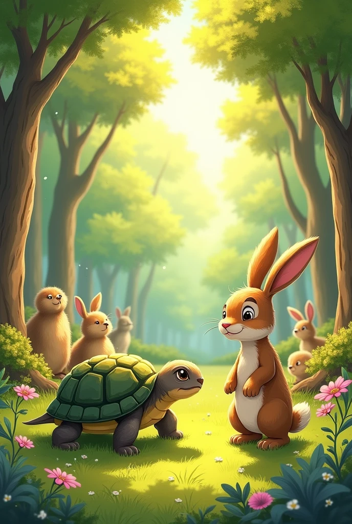 Beautiful forest with green grass and flowers blooming in the sunlight Drawing of a turtle and a rabbit standing together. Turtles are short and slow., with a shell on his back. Rabbit standing upright, with long ears, smug look.There are more animals standing around looking.