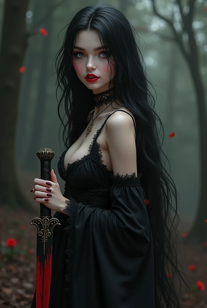 a beautiful female vampire, 2, curvy and lean, heavy bottom, pale smooth skin, with long silky black hair, icy grey eyes and long lashes, luscious, long black nails, delicate frame, innocent look, juicy lips, dressed as gothic ta, sexy, posing with a bloody ritual dagger in her hand, grin with fangs, eyes of madness, hyperrealistic