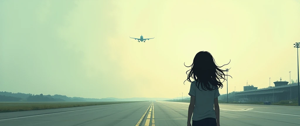 Create a cover image where a girl is waiting from backside and looking in an airport runway and one plane is flying in air. This image is for the book cover. Make it artistic 