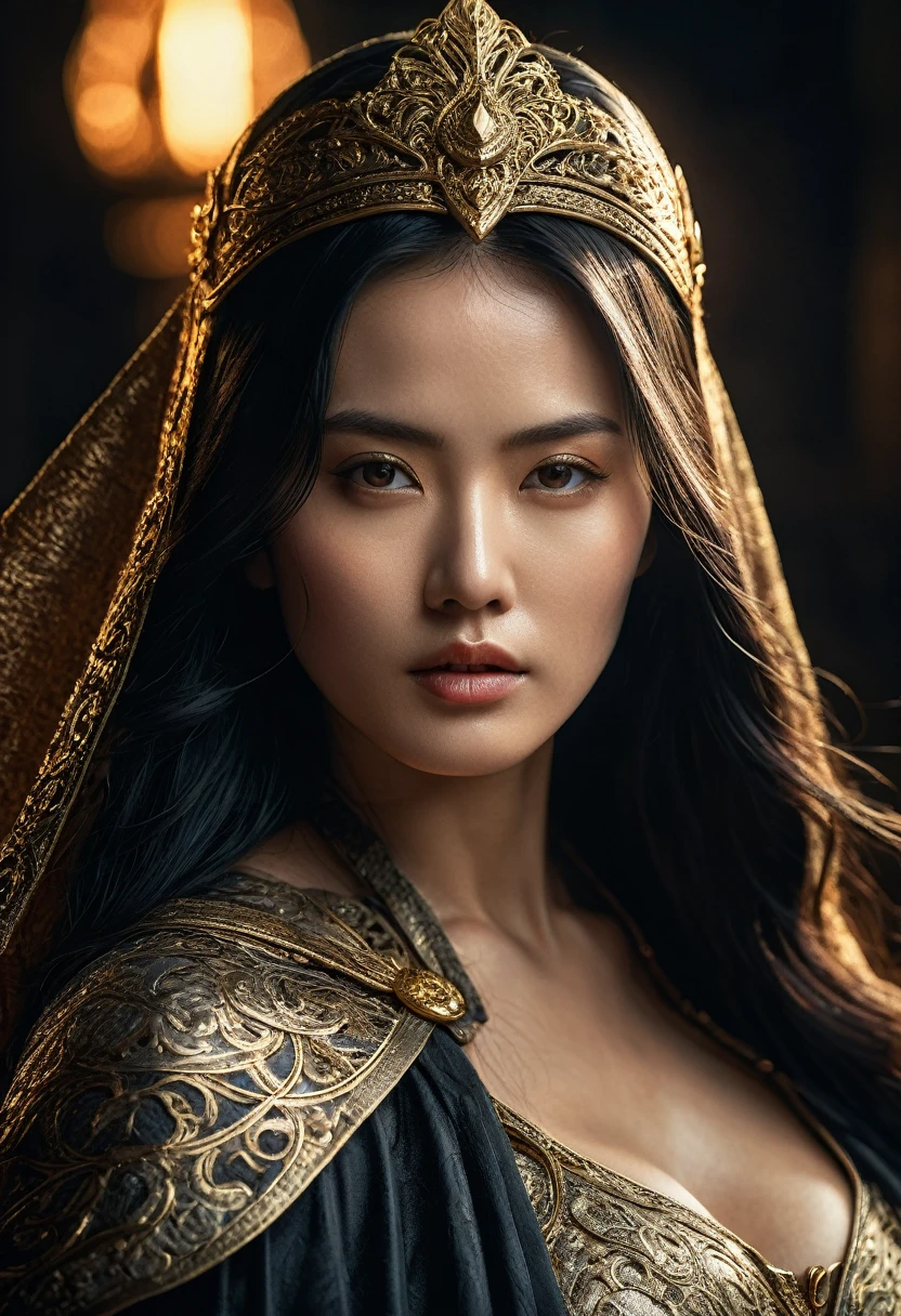 genius extremely beautiful young lady Keiko, middle black hair, subtle makeup, golden hour, photorealistic, high contrast, 8k HD, detailed, hyper-detailed, realistic skin texture, long dark hair, big breast, best quality, ultra high res, raw photo, dramatic lighting, unreal engine, diffuse glow intricate silver eaba, white imperial cape, spear, sword, no helm, intricate details High Quality, 8k, Realistic, Ultra-Detailed, Dramatic Lighting, Soft Focus, Digital Illustration, Intense Expression, Strong Gaze, Intense Emotion, Complex Mechanics, Advanced Technology, Dark Background, Cinematic, High Contrast, Moody, Strict, Atmosphere, (Best Quality, 4k, 8k, High Definition, Masterpiece: 1. 2 ), ultra-detailed, (realistic, graphic, photorealistic:1.37) --no glass