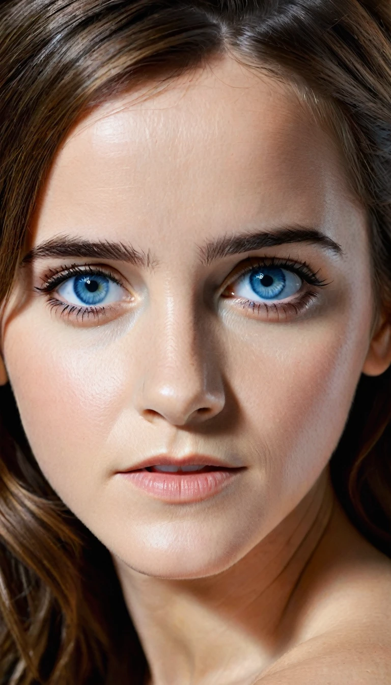 an eye contact of a brunette with hair, blue colored eyes, ((Emma watson)) 1, Long Hair, Big Breasts, Emma Watson's face close-up,detailed,A charming and beautiful witch,With long flowing hair and sharp eyes,Best quality, masterpiece, Ultra-high resolution, (lifelike:1.4), original photo, (Real skin texture:1.3), (Film Grain:1.3), panoramic, Portraits, Very wide angle shot, Thin waist, Cowboy lens, (in the darkness, Dark Shadows, Low profile, Cold Light), night, close up, Tears, indoor, dust, Tyndall Effect, disappointment, melancholy(expression), cry, frown, (Bow your head) , 1 girl, Beautiful detailed eyes and face, Off-shoulder, huge breasts, Huge ass, sexy body, fitness body, sexy bra, sexy thong, Navel, Fire on the ground,Lightning cuts through the sky