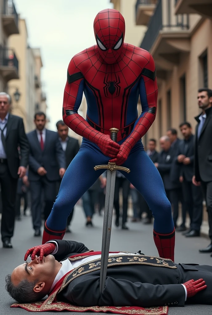 A spiderman kills the prime minister of Israel Ben Yamin Netanyahu with a sword in a city road
on The sword is thrust into his stomach and the prime minister is wearing court. The colors of the court are made of the Israeli national flag. And some Palestinian people are watching this scene