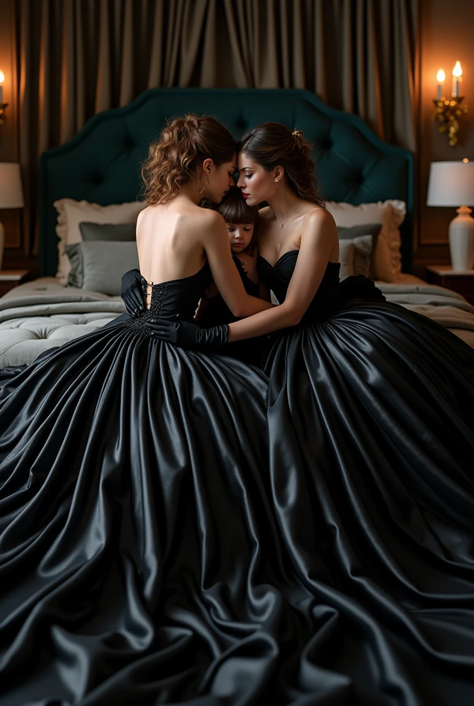 two girl kissing,,(bright lighting,romantic setting),dreamy background,,dark hair, mesmerizing gaze, , soft skin, alluring beauty, artistic portrait, high-quality image, vibrant colors,translucent long silk gown, mosquito net, lying down, romantic bedroom,mummification,bondage