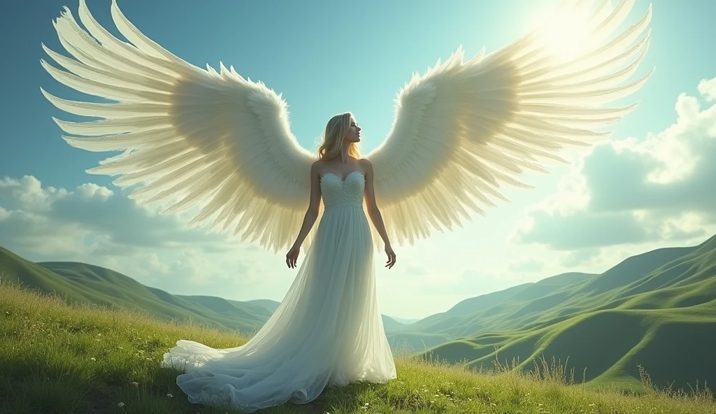 Long white angel wings lot of feathers ultra realistic in landscape
