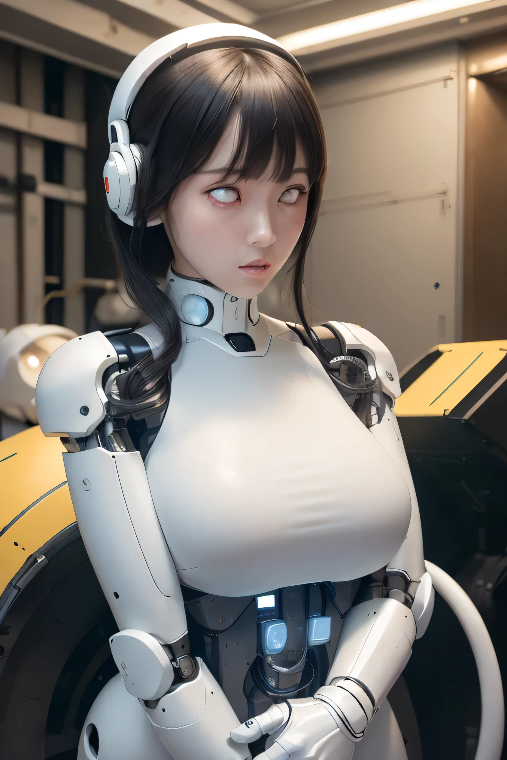 (Photorealistic:1.4), (Raw photo)masutepiece, Best Quality, Extremely detailed, (Photorealistic:1.4), (8K, 4K, Best Quality, hight resolution, 超A high resolution:1.1), 8K Portrait,1girl in, Japanese android girl,Plump , announcer,control panels,android,Droid,Mechanical Hand, ,Robot arms and legs, Black hair,Mechanical body,Blunt bangs,White Robotics Parts,perfect robot woman,Charging spot,Long Tube,A thick cable was connected to his neck.,ceramic body ,Mechanical body, mechanical ear covers,android,robot humanoid,a bit Chubby,pantiy,complete eyes,Perfect machine body,White robot body,The laboratory of the future,android factory,mechanical ear covers,White and light blue uniform,light blue accent costume,white eyes