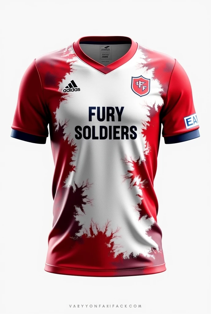 Creat a esports jersey for FS IN WHITE IN MAIN PART AND RED OVER WHITE IN SOME PLACE.write FURY SOILGERS IN MIDDLE.make Fs logo in right top.jersey look like nepal flag color.make it more red  over white in dark red over white in front part expect in right top chest like spray .make it more stylish.write furry soilder in front.spray red color over white 