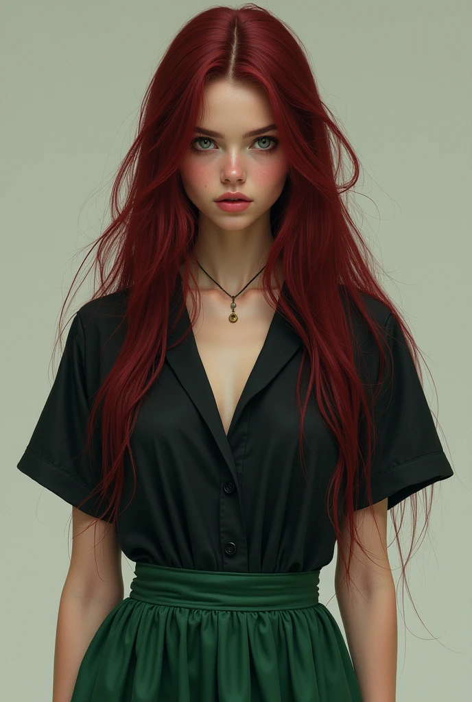 Girl with long wine red hair with electric gray eyes with flesh-colored skin with wide green pants and a wide shirt with short black sleeves