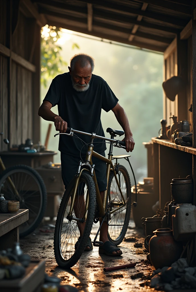 (Photorealism 1.2) high detailed definition cinematic cinematography old Chinese man wearing black t-shirt short trousers repairing bicycle at old rusty wood outsideworkshop hand oily floor wet and oil bicycle part and repairing tools morning mode sunlight silhouette