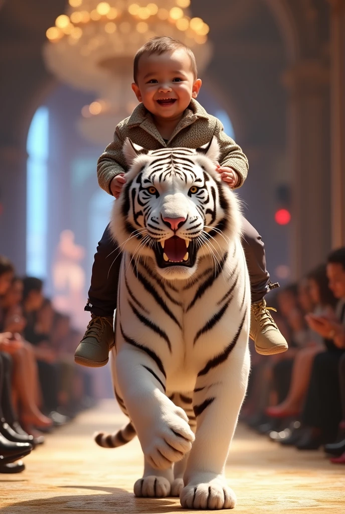a cute baby on top of a white tiger parading on a fashion runway