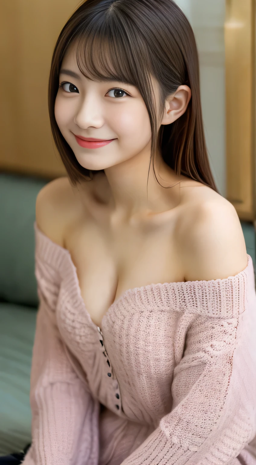 masterpiece,best quality,(Japanese girl),((Beautiful girl)),cleavage,(off shoulder:1.2),(perfect body beauty:1.2),(shy smile),From slightly above