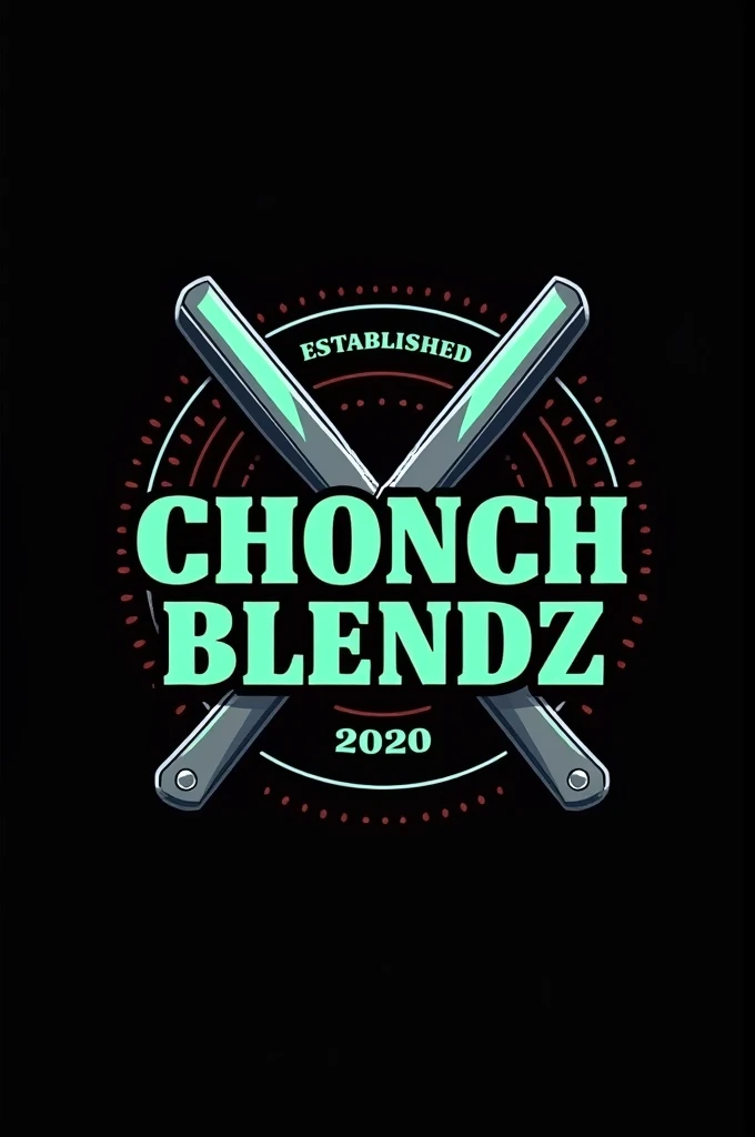 Create a flat vector, illustrative-style emblem logo design for a San Diego urban barber 'ChonchBlendz' established in 2020 , featuring barber poles , modern straight razors crossed in the center of the company name. Use bright green, blue, grey and white colors to convey trust, premium service and a luxury experience against a black background. English Writing established 2020